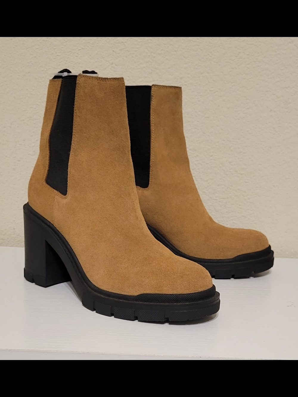 Marc Fisher Tan Suede Chelsea Block Heel Booties with Black Lug Sole
